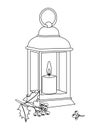 Antique lamp with a lit candle and holly berries with a black outline for coloring. Christmas illustration for a postcard Royalty Free Stock Photo