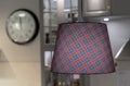 The lamp with a fabric checkered shade in the interior of the kitchen