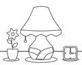 Lamp with flower and clock, image for children to color, black and white.