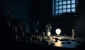 Lamp glowing with electric technology. Electricity light bulb in dark. Generative AI
