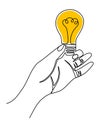 Hand holding a light bulb line art. Royalty Free Stock Photo