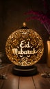 Lamp intricately crafted with Eid Mubarak message, festive ambiance