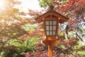 Lamp in japanese style at shrine or temple with autumn leaves Royalty Free Stock Photo