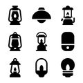 Lamp and lantern solid icon set for lighting and illumination design Royalty Free Stock Photo