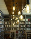 Lamp in the library . Bookshelves in the background.