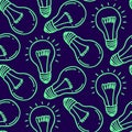 Lamp light bulb hand drawn seamless pattern design. Light bulbs icon. Concept of big ideas inspiration, innovation. Royalty Free Stock Photo