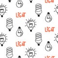 Lamp light bulb hand drawn seamless pattern design. Light bulbs icon. Royalty Free Stock Photo