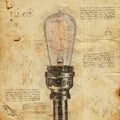 Lamp with Light Bulb in Vintage Steampunk Da Vinci Drawing Style