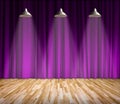 Lamp with lighting on stage. Lamp with purple curtain and wooden floor interior background Royalty Free Stock Photo