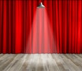 Lamp with lighting on stage. Lamp with red curtain and wooden floor interior background. Royalty Free Stock Photo