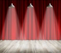 Lamp with lighting on stage. Lamp with red curtain and wooden floor interior background. Royalty Free Stock Photo