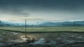 Lamp In Muddy Field: A Scenic Image Of Rural Life In Vietnam