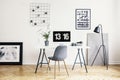 Lamp next to grey chair and desk with plant in white home office interior with posters. Real photo Royalty Free Stock Photo