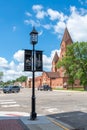 Lamp post with banners that say Welcome and Perham EST. 1871 in Perham , Minnesota USA