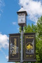 Lamp post with banners that say Welcome and Perham EST. 1871 in Perham , Minnesota USA