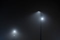 Lamp post in fog. Street light`s beam in foggy night. Royalty Free Stock Photo