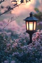 Lamp post with a light shining on a field of pink flowers Royalty Free Stock Photo