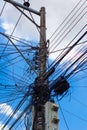 lamp post with many power wires over blue sky