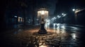 a lamp post sitting on a wet street at night with a street light shining on the ground in the dark of the night with the lights Royalty Free Stock Photo