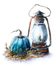 Lamp and pumpkin in brown-gray tones on a white background, watercolor illustration.