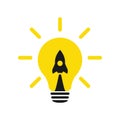 Lamp and rocket. Light bulb and airplane symbol or icon. Takeoff concept. Web design