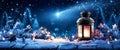 Christmas lamp shining with warm light against a background of a dark sky with a shooting star Royalty Free Stock Photo