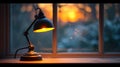 A lamp sitting on a table in front of a window, AI Royalty Free Stock Photo