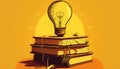 lamp on a stack of books on a yellow background. concept of time management, baggage of knowledge, idea. Generated AI