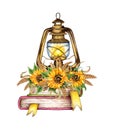 A lamp stands on books with sunflowers and wheat watercolor