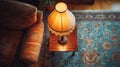 A lamp on a table in the middle of an area rug, AI Royalty Free Stock Photo