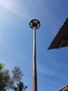 The lamp uses solar energy. Using bamboo trunks as pillars