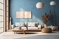 lamp wall room design furniture blue interior apartment home modern sofa. Generative AI. Royalty Free Stock Photo