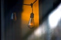 Lamp in the window of a cafe showcase. details of the decorative interior of the building