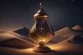Lamp of Wishes In The Desert - Genie Coming Out Of The Bottle. Neural network AI generated Royalty Free Stock Photo