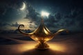 Lamp of Wishes In The Desert - Genie Coming Out Of The Bottle. Neural network AI generated Royalty Free Stock Photo