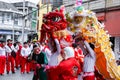 Closeup Chinese lion dancer and the old man performance in Chinese respect the gods