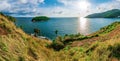 Island panorama and sea sunset with colorful of sky in sunlight Royalty Free Stock Photo