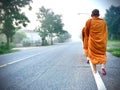 The group of Thai monks that wear yellow robe are walking straight