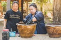 LAMPHUN THAILAND - DECEMBER 12 : Unidentified Thai female tourists learn to make tie-dye clothes on December12,2019 at Karen