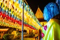 LAMPHUN, THAILAND - November 9, 2019 : Phra That Hariphunchai pagoda with beautiful lantern in Lamphun Lantern Festival