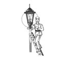 Lamplighter man engraving vector illustration Royalty Free Stock Photo