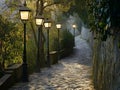 lamplit pathway, misty evening, warm light, stone path, trees, soft focus Royalty Free Stock Photo