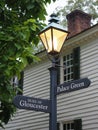 A lamppost with pointers in Colonial Williamsburg.