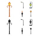 Lamppost in retro style,modern lantern, torch and other types of streetlights. Lamppost set collection icons in cartoon