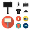 A lamppost with a sign, a T-shirt with an inscription, a radio, a car roof.Advertising,set collection icons in black Royalty Free Stock Photo