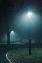 Lampposts in park on a foggy night