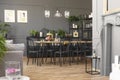 Lamps above table and black chairs in grey dining room interior