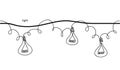 Lamps, bulb,festoon, garland, glowing light vector seamless border. One continuous line drawing lamp bulb garland for Royalty Free Stock Photo