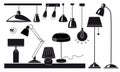 Lamps and chandeliers flat vector illustration set. Cartoon black and white icons Royalty Free Stock Photo