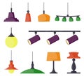 Lamps of different types, set. Chandeliers, lamps, bulbs, table lamp, spotlight - elements of modern interior. Vector illustration Royalty Free Stock Photo